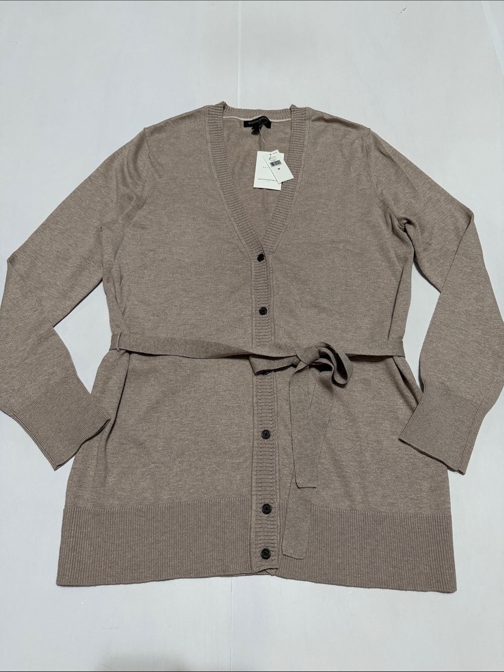 Banana Republic Tan Belted V-Neck Button Cardigan Sweater M NWT